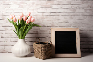 Tulips Vase And Crate near the blank black Background