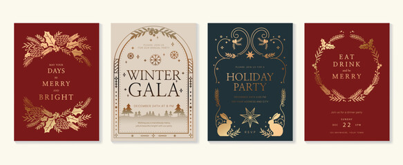 Luxury christmas invitation card art deco design vector. Christmas tree, foliage, rabbit, pine cone line art on red, white and dark blue background. Design illustration for cover, poster, wallpaper.