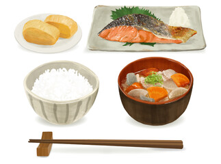 リアルな和食セット(ご飯、豚汁、卵焼き、焼き鮭)