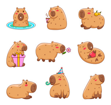 Funny cartoon capybara. Cute amusing characters swimming in water, bathing, walking, relaxing. Adorable nice animal. Hand drawn style. Vector drawing. Collection of design elements.