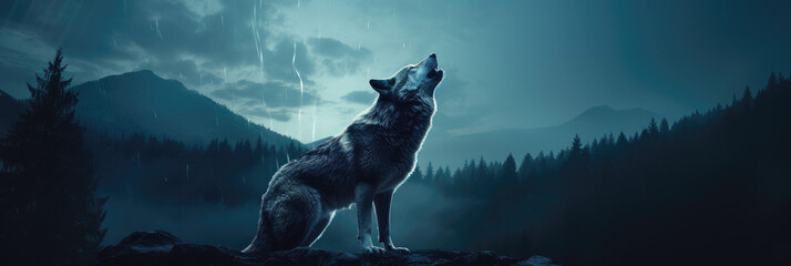 Majestic wolf howling under moonlight amidst rain in a tranquil forest landscape