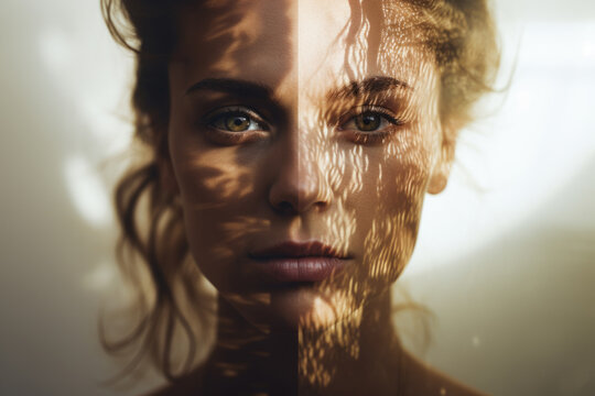 Double exposure portrait of young beautiful woman blended with nature