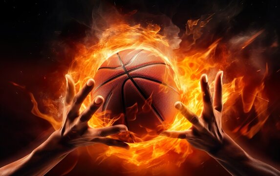 Two photorealistic hands catching orange basketball ball burning on black background. Fast dribble motion, goal. March madness poster design. Red fire flames. AI Generative.