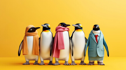 Cute funny penguin group on a yellow background - obrazy, fototapety, plakaty