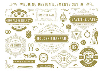Vintage wedding and valentines day decorative ornament design elements set vector illustration