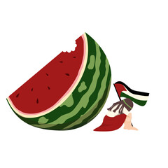Illustration of a red watermelon symbol of the Palestinian flag, with a crying girl carrying the flag