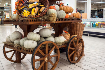 Fototapeta na wymiar Pumpkins t store pumpkins on a wooden cart. Concept of fall, harvest.
