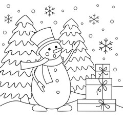Snowman and Christmas gifts. Illustration for a coloring book.