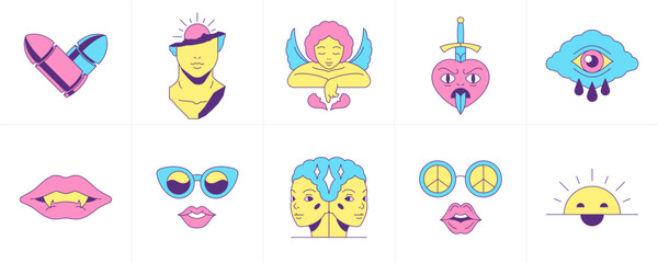 Surreal psychedelic trendy groovy icon funny cartoon emoji set contoured vector flat illustration