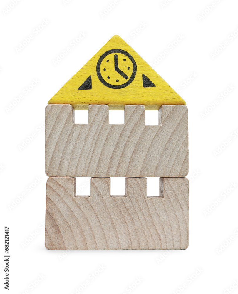 Wall mural Wooden clock tower made of building blocks isolated on white. Educational toy for motor skills development