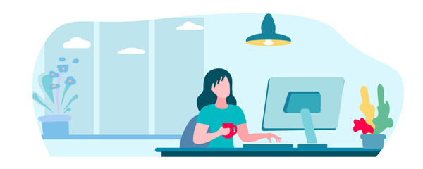 Fototapeta premium The girl works at the computer. Remote study concept. Remote work for a freelancer. Interior, evening, lighting, lamps, indoor plants, window, clouds, evening. Cartoon flat vector illustration, Not AI