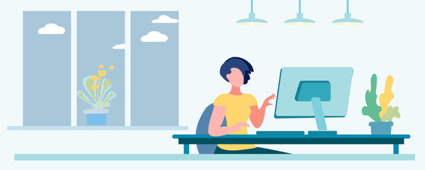 Fototapeta premium Student at the computer, webinar. Remote work concept. Remote work for a freelancer. Interior, evening, lighting, lamps, indoor plants, window, clouds, evening. Cartoon flat vector illustration, Not