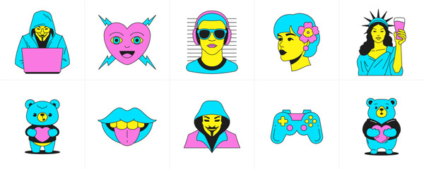 Psychedelic surreal trendy cartoon characters funny comic elements groovy icon set vector flat