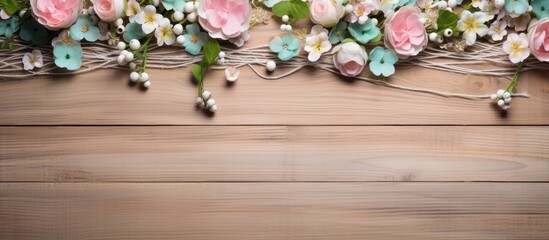 Obraz na płótnie Canvas vintage-inspired setting of a summer wedding, a wood background serves as the perfect canvas for a pattern of delicate flowers, evoking a sense of beauty and nostalgia. People gather, dressed in