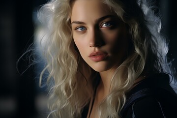 Fototapeta premium a female model with overwhelming beauty with pretty blue eyes and white hair, retro style, studio quality, shadows, dark black and amber, strong contours. generative AI