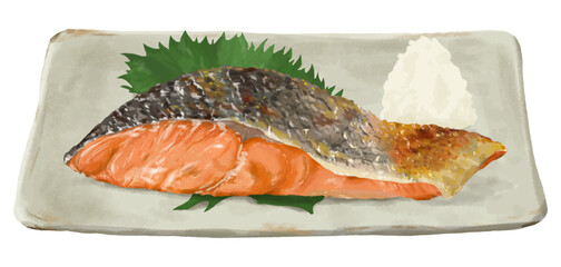 リアルな焼き鮭の切り身(皿・大根おろし・大葉)