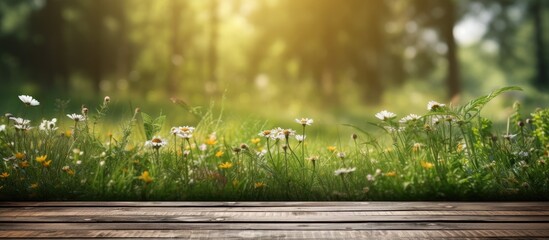 background of the retro garden, an abstract artwork of summer nature decorates the wooden table, surrounded by vibrant green grass and a hint of spring flowers. The space is filled with the aroma of