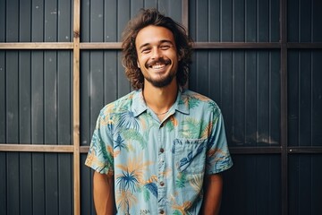 Portrait of a beautiful and handsome smiling, happy and pleased man with positive vibes. Human person dressed in fashionable, colorful and fun clothes. Generative AI, AI