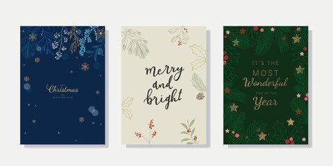 Card Set of Merry Christmas and Happy New Year. Vector illustrations for background, greeting card, Happy Holidays, season's greeting