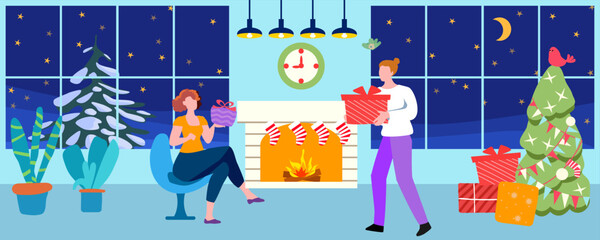 New Year, Christmas, a guy and a girl give each other gifts next to the fireplace, Vector illustration, hand drawn, not AI