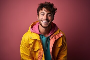 Portrait of a beautiful and handsome smiling, happy and pleased man with positive vibes. Human person dressed in fashionable, colorful and fun clothes. Generative AI, AI - obrazy, fototapety, plakaty