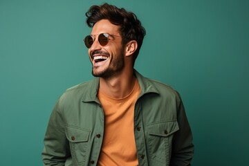 Obraz premium Portrait of a beautiful and handsome smiling, happy and pleased man with positive vibes. Human person dressed in fashionable, colorful and fun clothes. Generative AI, AI
