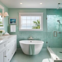 Fototapeta na wymiar a peaceful bathroom with a freestanding bathtub and a glass shower, modern bathroom interior