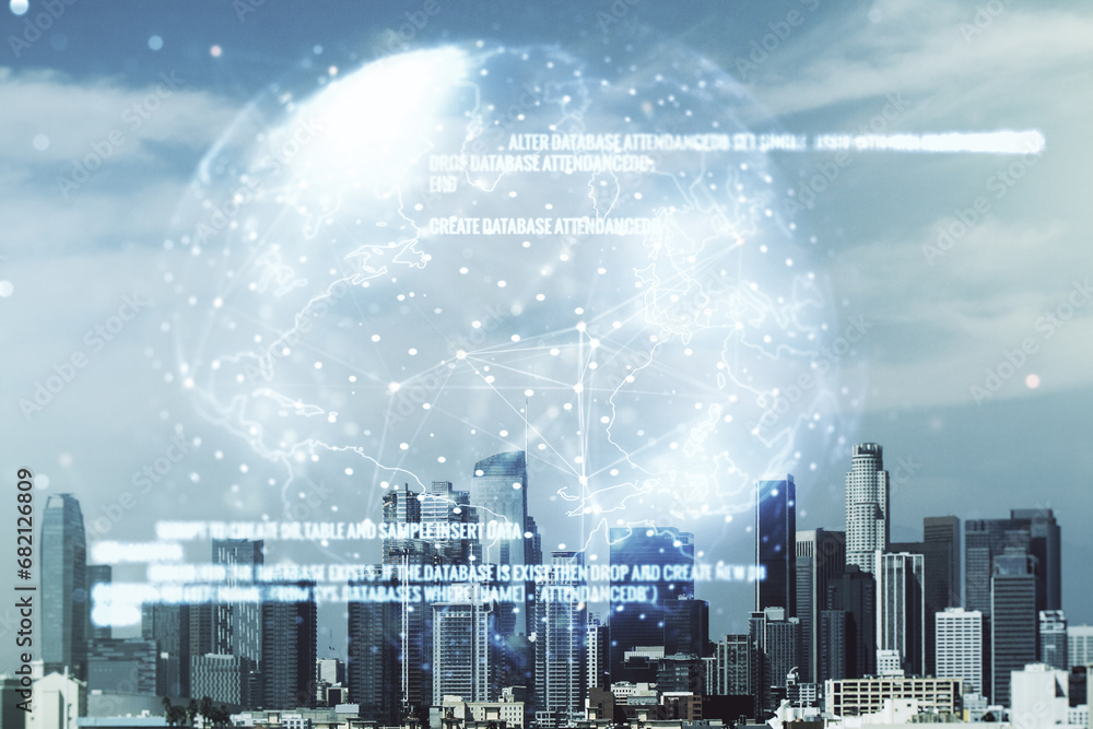 Aufkleber double exposure of abstract creative programming illustration and world map on los angeles office bu