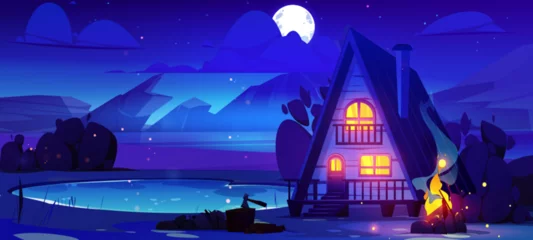 Photo sur Aluminium Violet Panoramic summer night landscape with wooden hut and campfire on shore of lake near rocky mountains under starry sky and fool moon light. Cartoon wood cottage near water pond for camping at dusk.