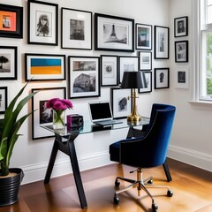home office with a glass desk and a black chair set against a white wall adorned with art, modern office interior