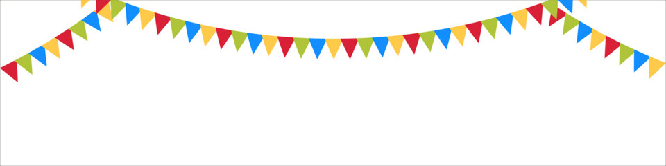 Fototapeta na wymiar Party flags. Colorful garland. Happy birthday background. Carnival isolated banner. Hanging party flags line on white background.