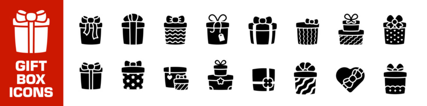 Gift box icons. Present package vector icon set. Giving box with reb ribbon isolated sign on white background.