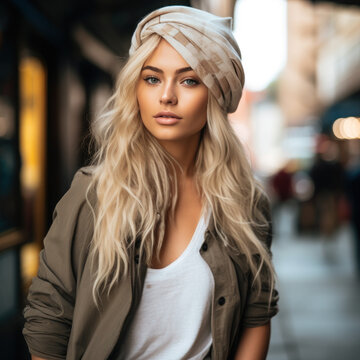 medium shot of a beautiful blonde woman in trendy outfit