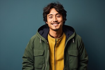 Fototapeta premium Portrait of a beautiful and handsome smiling, happy and pleased man with positive vibes. Human person dressed in fashionable, colorful and fun clothes. Generative AI, AI