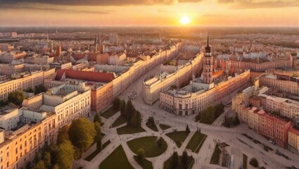 Lodz city during sunset aerial view – Poland