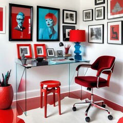 home office with a glass desk and a red chair set against a white wall adorned with art, modern office interior