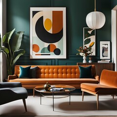 mid century modern design with a vintage sofa and a sleek glass coffee table in a room, modern living room