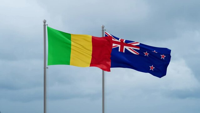 New Zealand and Mali flag waving together on cloudy sky, endless seamless loop, two country cooperation concept
