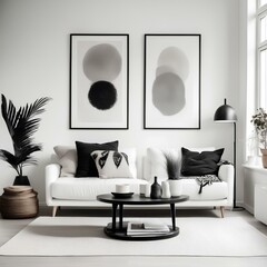 white sofa and black coffee table against white wall with art poster scandinavian boho home interior, modern living room with sofa