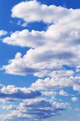 Blue sky with white clouds, bright colored cloudscape. Fluffy heaven pattern, aesthetic natural scene. Beautiful Cloudy background, nature environment backdrop, wallpaper, screensaver