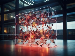 A glass cube with a bunch of small objects inside of it. Generative AI.