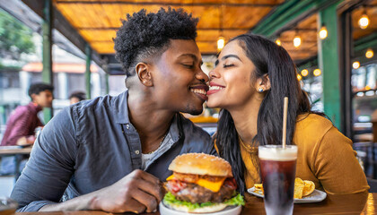 Happy smiling african american couple kissting, eating burger together at bar or pub, people,...
