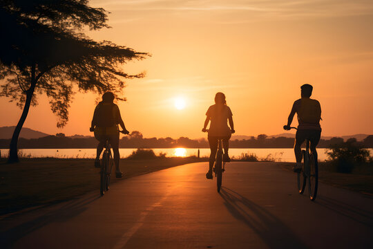 Back view of three friends on electric bicycles enjoying a scenic ride through beautiful trees and road