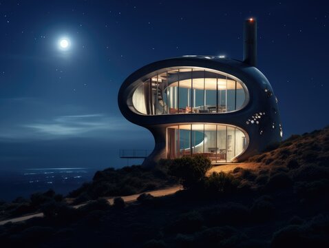 A House On A Hill At Night With The Moon In The Sky. Generative AI.