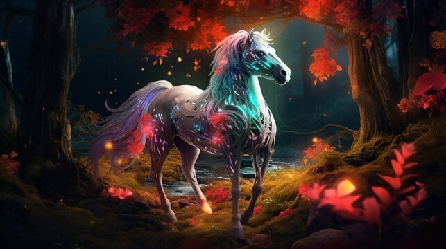 an image of the amazing forest horse under the enchanting glow of the forest's bioluminescent flora.