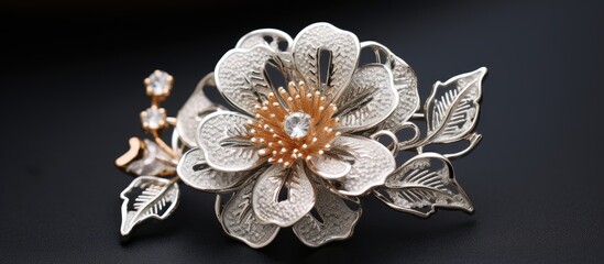 Fototapeta premium In a quaint vintage shop, a beautiful silver filigree flower brooch catches the eye with its intricate design, a mesmerizing blend of black and white. Its retro charm radiates a sense of timeless