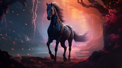 an otherworldly realm where the amazing forest horse's hooves leave trails of stardust with each step. - obrazy, fototapety, plakaty