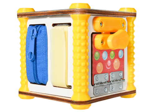 Busy cube educational toy for kids isolated on a transparent background.
