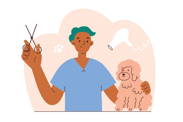 Pet groomer scene, male vet doctor grooming cute poodle dog, hand drawn composition for vet beauty salon, vector illustration of male specialist with scissors, animal care concept
