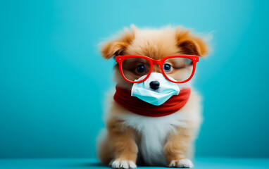 Funny nerd pet in Glasses and mask, jacket, funny look, 